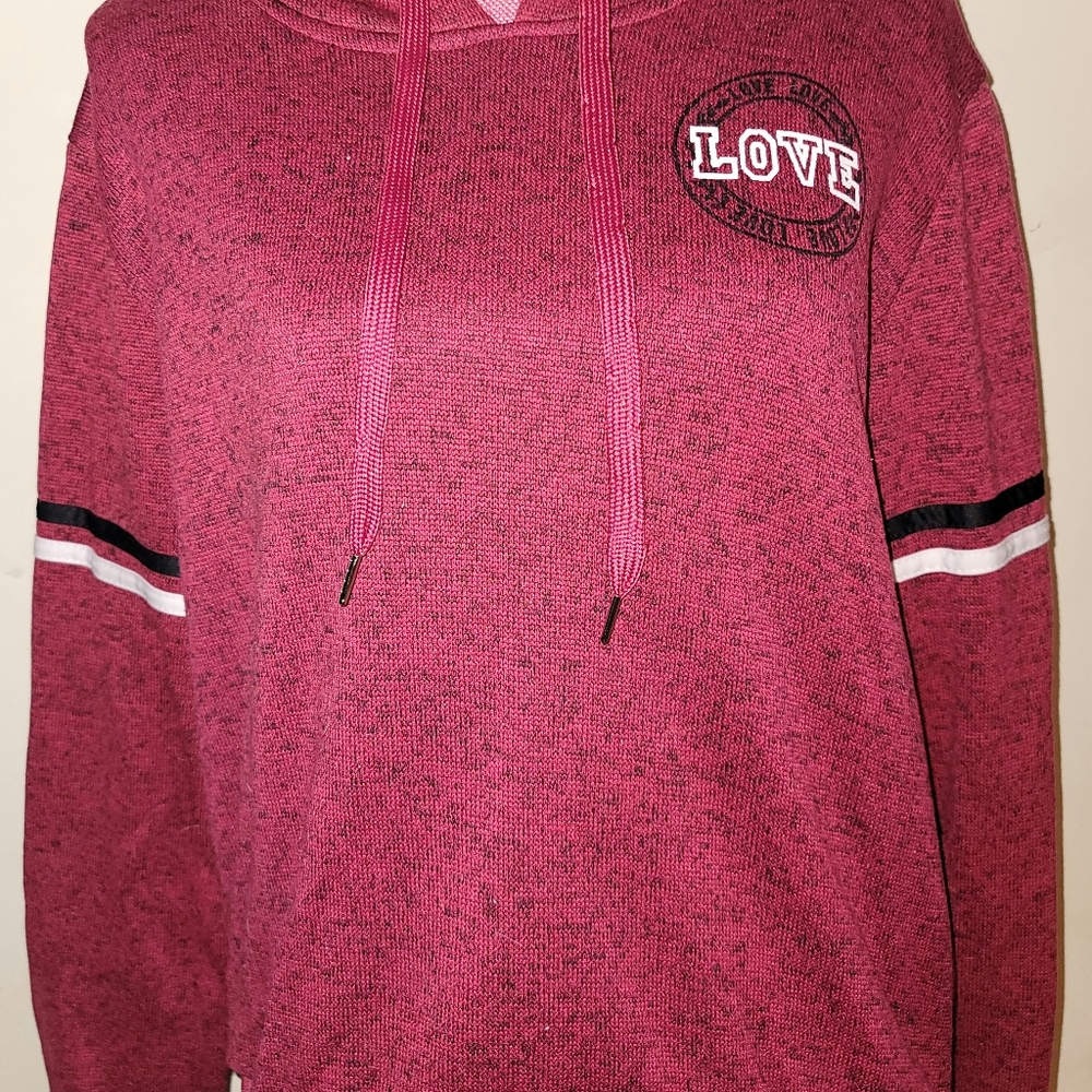 RUE21 - Red Heathered Hooded Sweater w/ Black-White Arm Stripes & Love Logo, XL